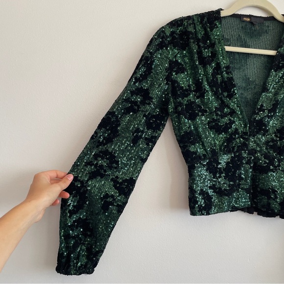 Maje sequin embroidered top green v neck balloon sleeve going out event party 1 - Picture 6 of 16